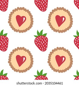 Strawberry and heart cookie seamless pattern. Vector hand drawn background.