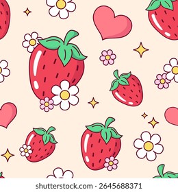 Morango, coração e flores sem costura padrão, fundo. Desenho de estilo de desenho animado bonito simples