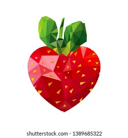 Strawberry heart with green leaves isolated on white background. Colorful abstract object. Low Poly style vector illustration.