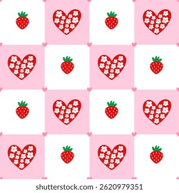 Strawberry and heart pattern with romantic and minimal elements. Great for Valentines Day fabric, children apparel, and stylish fruit-themed wrapping paper