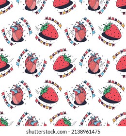 Strawberry and Heart. Seamless pattern on a white background. Cute vector illustration.