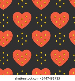 Strawberry heart shape with seeds seamless pattern. Creative romantic background with black and red colors. Repeat vector illustration