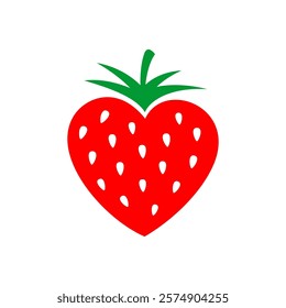 Strawberry heart shape symbol. Solid red and green colors logo on a white background. With green leaves and seeds.