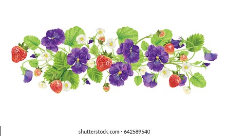 Strawberry and heartsease with leave, water drops and flowers. Vector realistic illustration. On white background. Design for grocery, farmers market, natural cosmetics, summer garden design element.