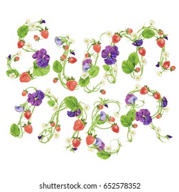Strawberry and heartsease summer word. Berry lettering. Vector realistic illustration. Design for grocery, farmers market, tea, natural cosmetics, summer garden design element.