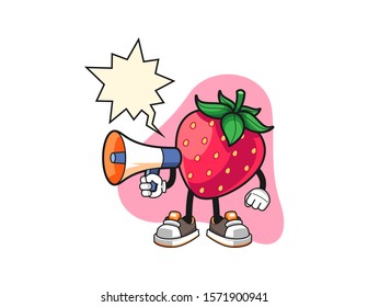 Strawberry hold megaphone with speech bubble cartoon. Mascot Character vector.