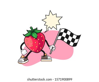 Strawberry hold racing flag with speech bubble cartoon. Mascot Character vector.