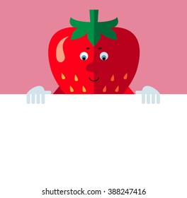 Strawberry holding a blank sheet. Flat style vector illustration . Funny cartoon character