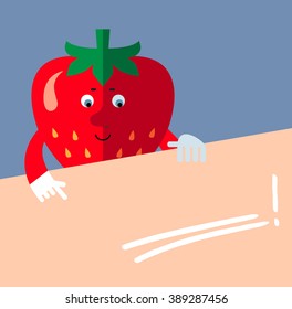 Strawberry holding a blank sheet and pointing on red underline empty place. Flat style vector illustration . Funny cartoon character