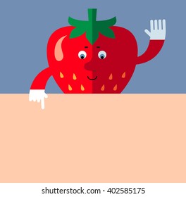 Strawberry holding a blank sheet pointing. Flat style vector illustration . Funny cartoon character