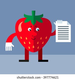 Strawberry holding document. Flat style vector illustration . Funny cartoon character