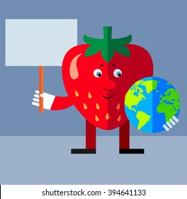 Strawberry holding a globe and blank sign. Flat style vector illustration . Funny cartoon character