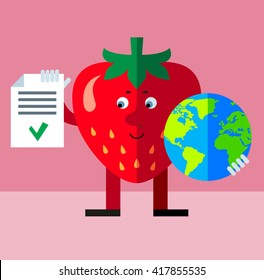 Strawberry holding a globe and check list with green mark. Flat style vector illustration . Funny cartoon character
