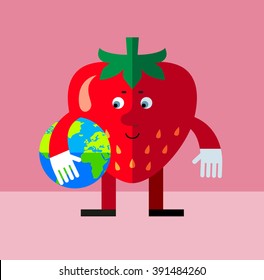 Strawberry holding a globe. Flat style vector illustration . Funny cartoon character