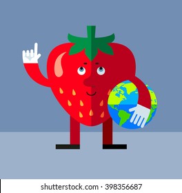 Strawberry holding a globe and making attention gesture with forefinger . Flat style vector illustration . Funny cartoon character