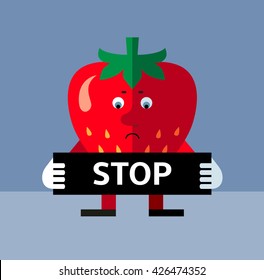 Strawberry  holding a stop sign. Flat style vector illustration . Funny cartoon character