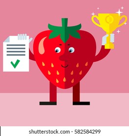 Strawberry  holding winning trophy and check list. Flat style vector illustration . Funny cartoon character