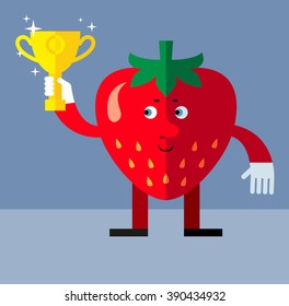 Strawberry holding winning trophy. Flat style vector illustration . Funny cartoon character