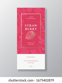 Strawberry Home Fragrance Abstract Vector Label Template. Hand Drawn Sketch Flowers, Leaves Background and Retro Typography. Premium Room Perfume Packaging Design Layout. Realistic Mockup. Isolated.