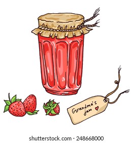 Strawberry homemade grandmas jam with label and fruits, vector sketch style illustration 