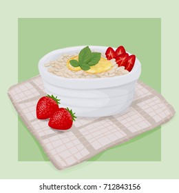Strawberry Honey Oatmeal Breakfast With Peppermint Leaves Vector Hand Drawn Illustration.