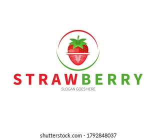 Strawberry Horizontal Cut in an Abstract Circle Logo Concept. Vector Design Illustration. Symbol and Icon Vector Template.