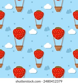 Strawberry hot air balloon cartoon so cute. On cloud mountain light blue background. Pattern seamless vector illustration. 
