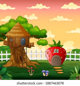 Strawberry house and treehouse in the park landscape