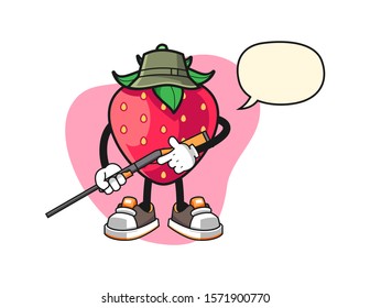 Strawberry hunter with speech bubble cartoon. Mascot Character vector.