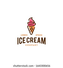 strawberry ice cream badge sign logo icon in trendy cartoon line style, retro and colorfull scoop logo illustration