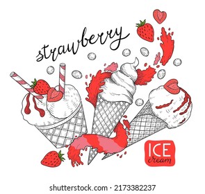 Strawberry ice cream balls in the waffle cones. Soft serve ice cream with strawberry topping. Sweet summer delicacy. Vector illustration