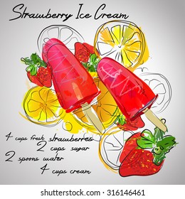 strawberry ice cream with berries and color splash