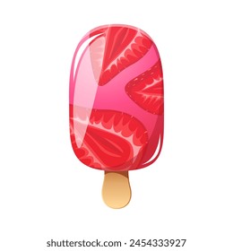 Strawberry ice cream, berry popsicle on a wooden stick with strawberry pieces. Summer cold dessert, frozen juice, berry ice. Vector illustration.