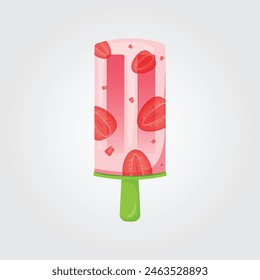 Strawberry ice cream, berry popsicle on a green stick with strawberry pieces. Summer cold dessert, berry ice. Vector illustration EPS 4