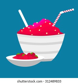 Strawberry ice cream. Bowl of strawberry cream with oat flakes. Beside, bowl of fresh strawberries as a side dish.