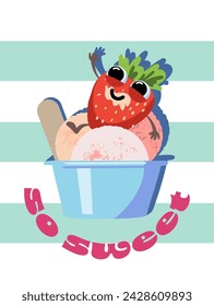 Helado de fresa Cartoon estilo doodle. Delicioso logo. Se puede utilizar para la tarjeta, el menú, la camiseta. Ilustración vectorial.