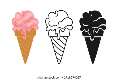 Strawberry ice cream cartoon set, line icon and black glyph style. Kawaii bright summer collection sweet food. Comic hand drawn sketch cute cone Ice cream. Isolated dessert vector illustration