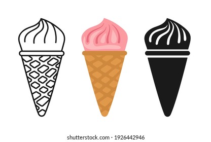 Strawberry ice cream cartoon set, line icon and black glyph style. Kawaii bright summer collection sweet food. Comic hand drawn sketch cute spiral Ice cream. Isolated dessert vector illustration