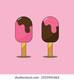 Strawberry ice cream with chocolate and chocolate ice cream with strawberry jam vector flat style design