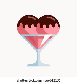 Strawberry ice cream with chocolate in the shape of heart, romantic and love date conception vector illustration isolated on white background