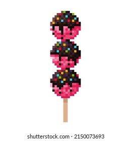 Strawberry ice cream coated with chocolate sprinkles with sugar flakes pixel art. Vector illustration.