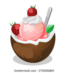 Strawberry Ice Cream in Coconut With whipping and strawberry on top.Isolated vector illustration on white background.