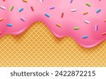 Strawberry Ice Cream With Colorful Sprinkles In Waffle Cone. Sweet Background Concept.