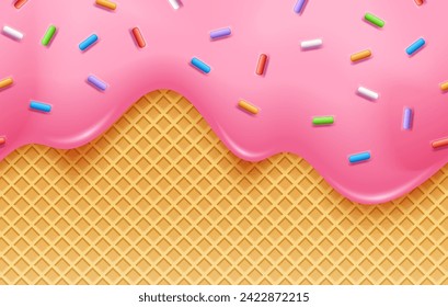 Strawberry Ice Cream With Colorful Sprinkles In Waffle Cone. Sweet Background Concept.