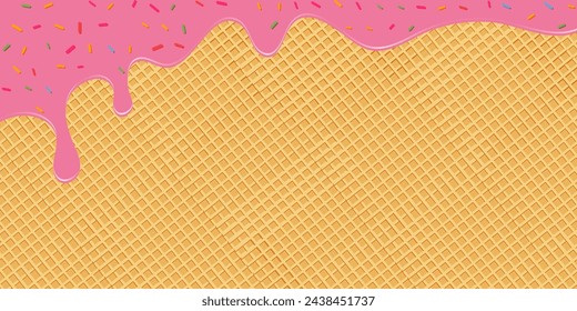 Strawberry Ice Cream With Colorful Sprinkles In Waffle Cone. Sweet Background Concept.