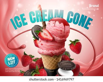 Strawberry ice cream cone ads with chocolate cookie and fresh fruit on glittering pink background, 3d illustration