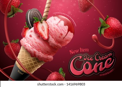 Strawberry ice cream cone ads with flying jam and chocolate cookie on glittering background, 3d illustration