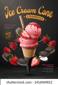 Strawberry ice cream cone ads with chocolate cookie and fresh fruit flying around it on black poster, 3d illustration