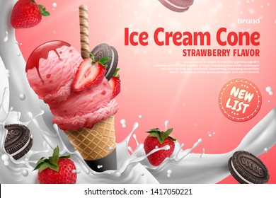 Strawberry ice cream cone ads with chocolate cookie and fresh fruit on splashing milk background, 3d illustration