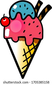 strawberry ice cream cone, cartoon drawing.